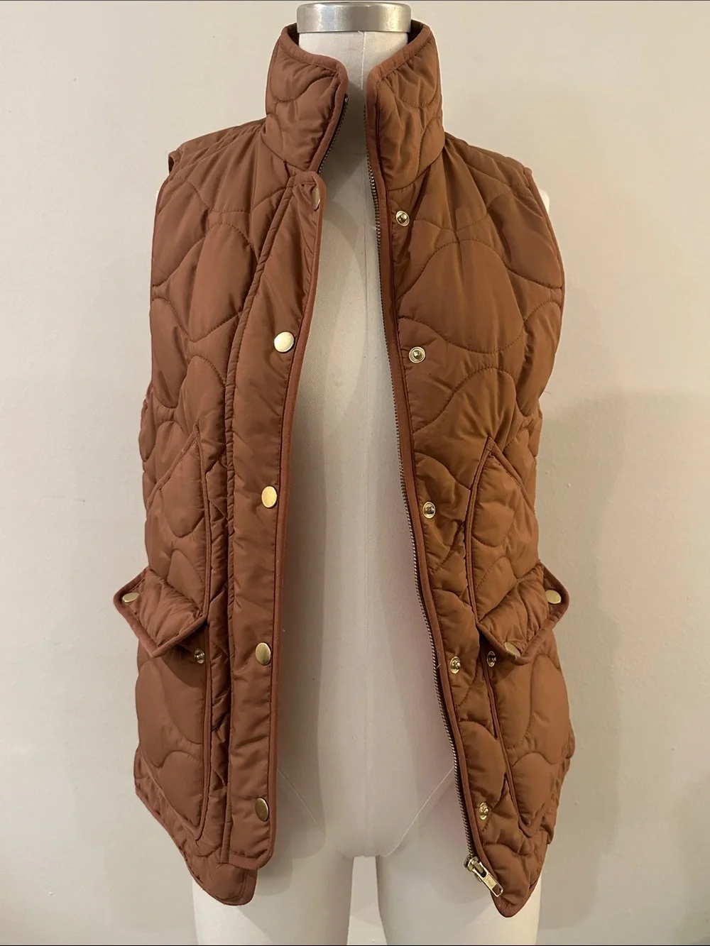 J. Crew Quilted Chestnut Brown Puffer Vest with Gold-Tone Hardware